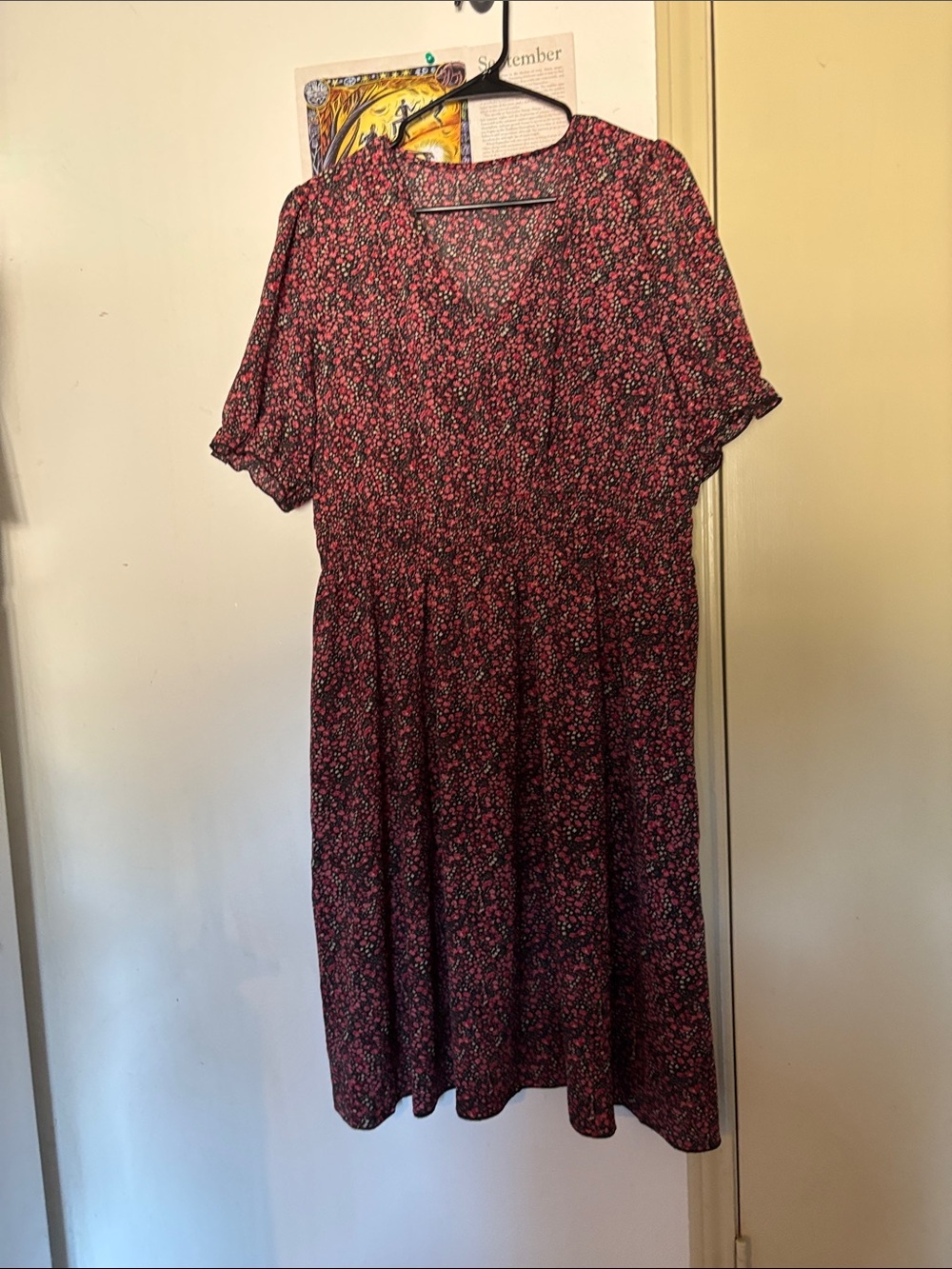 SHEIN Black Midi Dress with Pink Floral Print